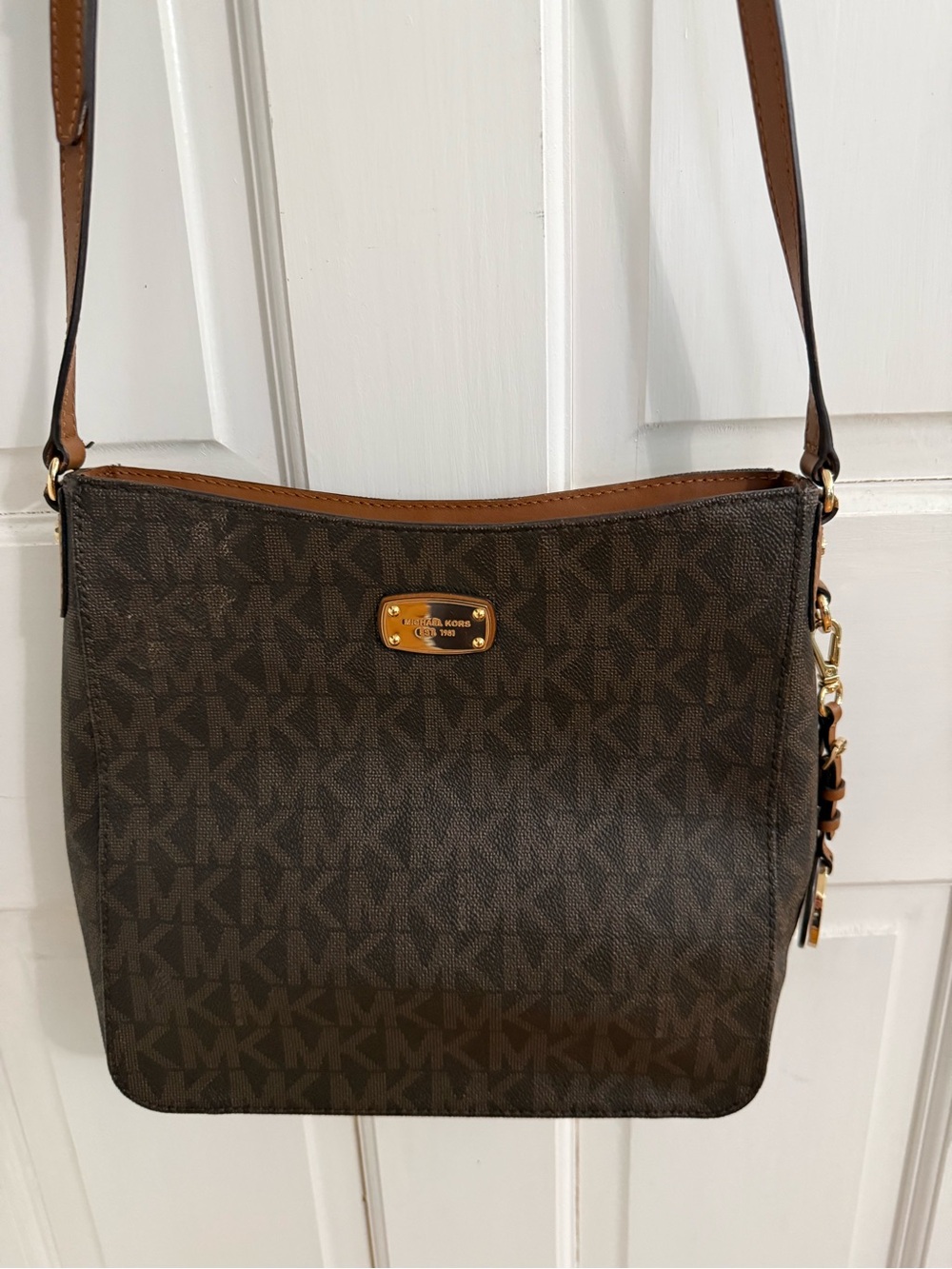 Michael Kors Brown Monogram Crossbody Bag with Tan Trim